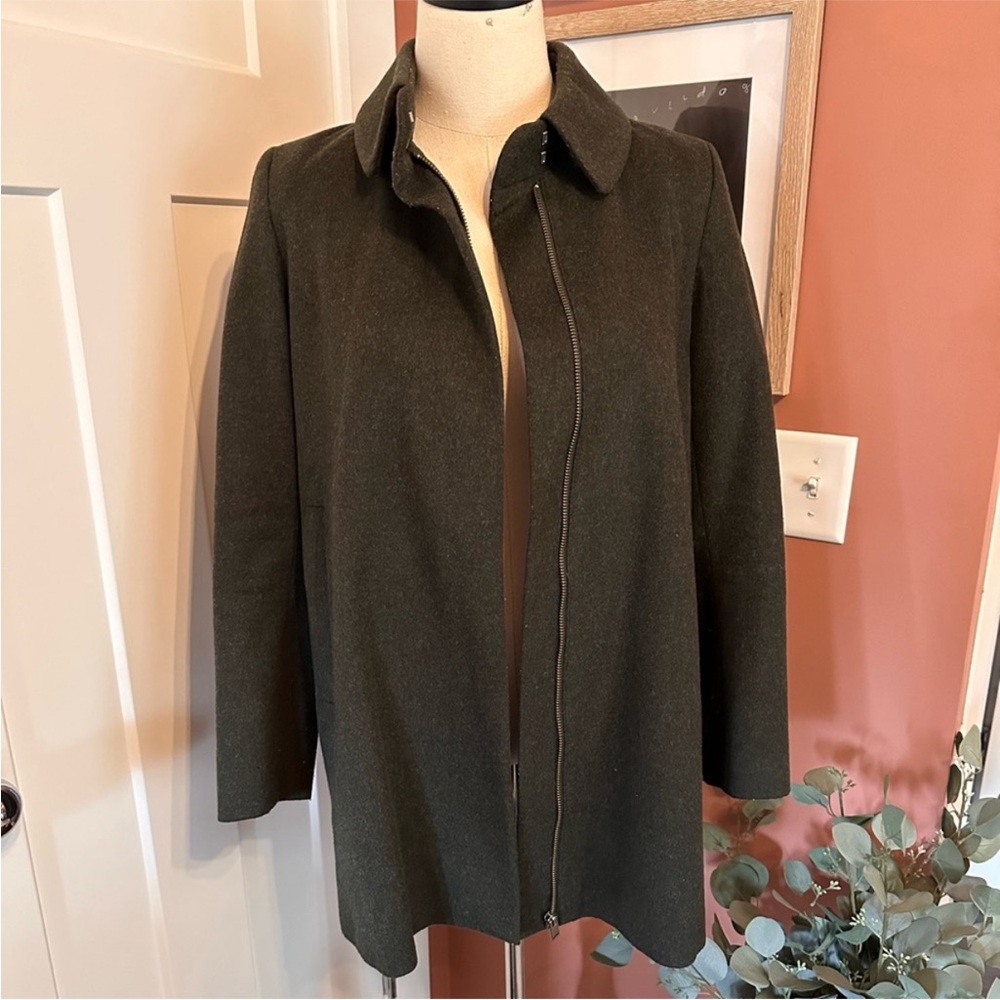 COS | women’s | wool blend | forest green | lined | 4 | zipper | collar | coat